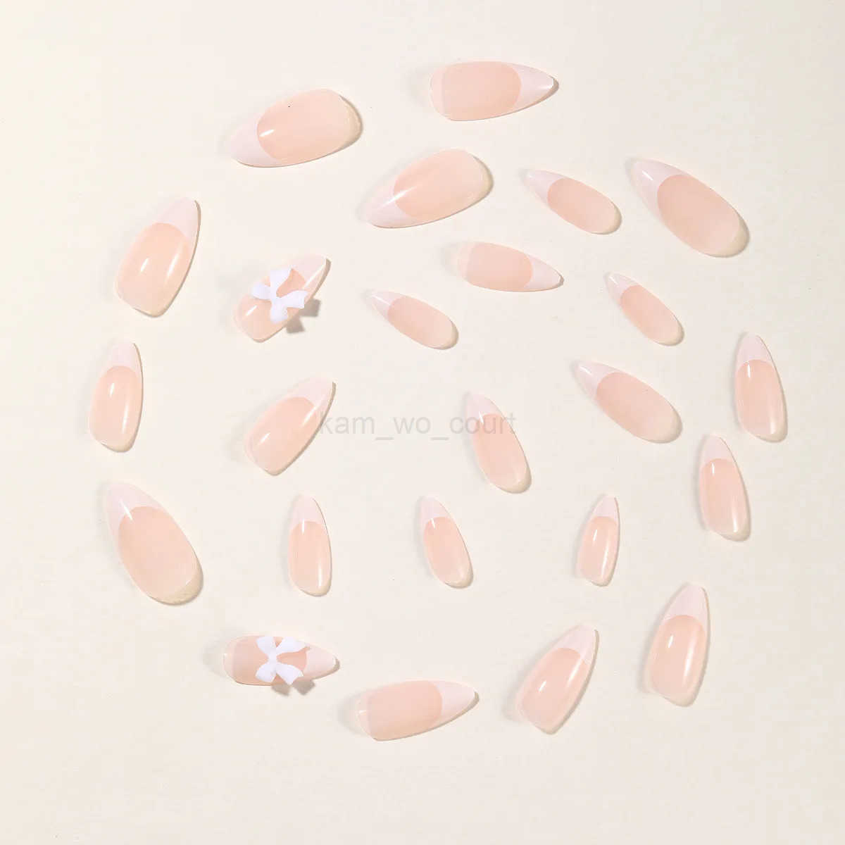 24Pcs Almond Fake Nails White French Tips Press On Nails Nude Color Wearable Stick-on False Nails Patches 3D Bowknot Designs M250807