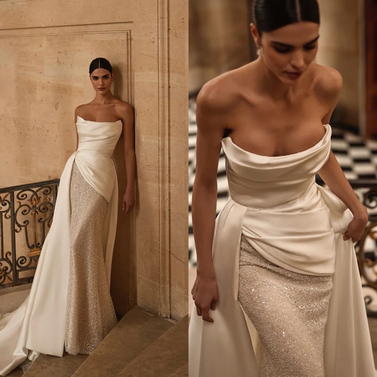 Classic A Line Women Wedding Dress Strapless Sleeveless Bridal Gowns Backless Sequin Sweep Train Dress Customized vestidos de novia