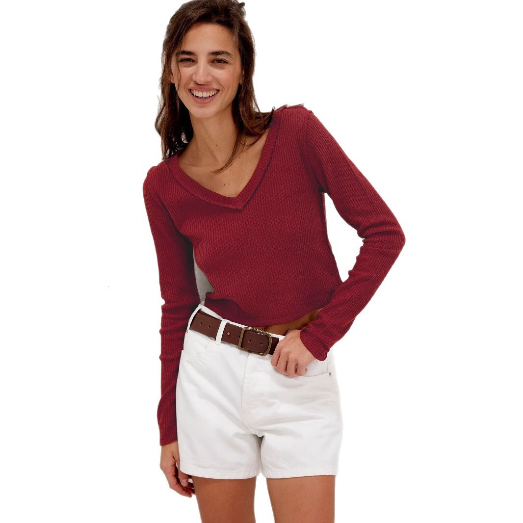 Y2K Pure Desire Hot Girl V-Neck Regular Shoulder Slim Fit Long Sleeve T-Shirt Women's Base Shirt Tight-Fitting Versatile Top