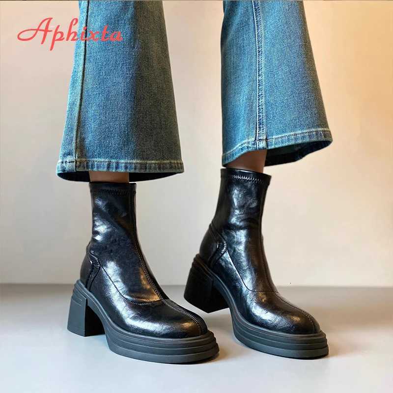 Aphixta Chelsea Shoes Classic Woman Ankle Boots Square Heel Platform Boot Patent Leather Winter Black Ankle Boots XJ250807