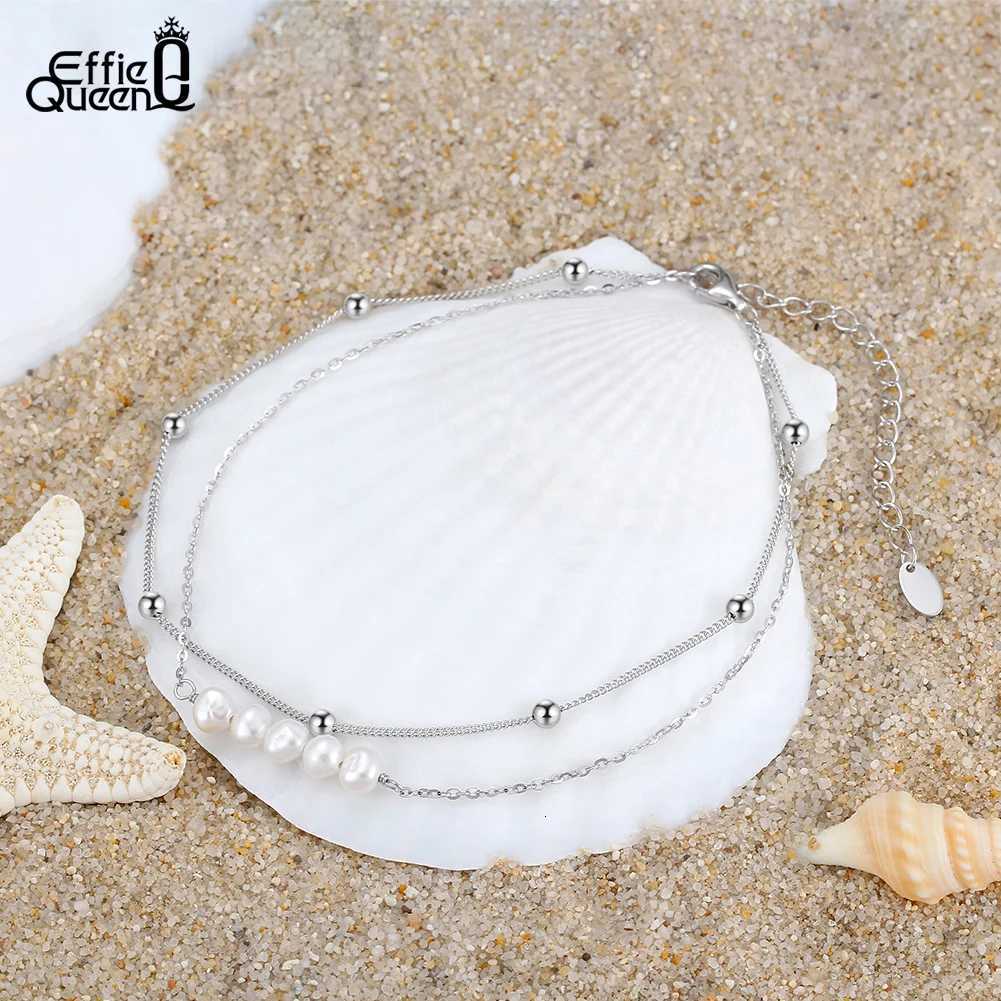 Effie Queen 2 Layered Diamond-Cut Cuban Link Chain Anklet 925 Sterling Silver Freshwater Pearls Anklets For Women Jewelry SA50 Y250805