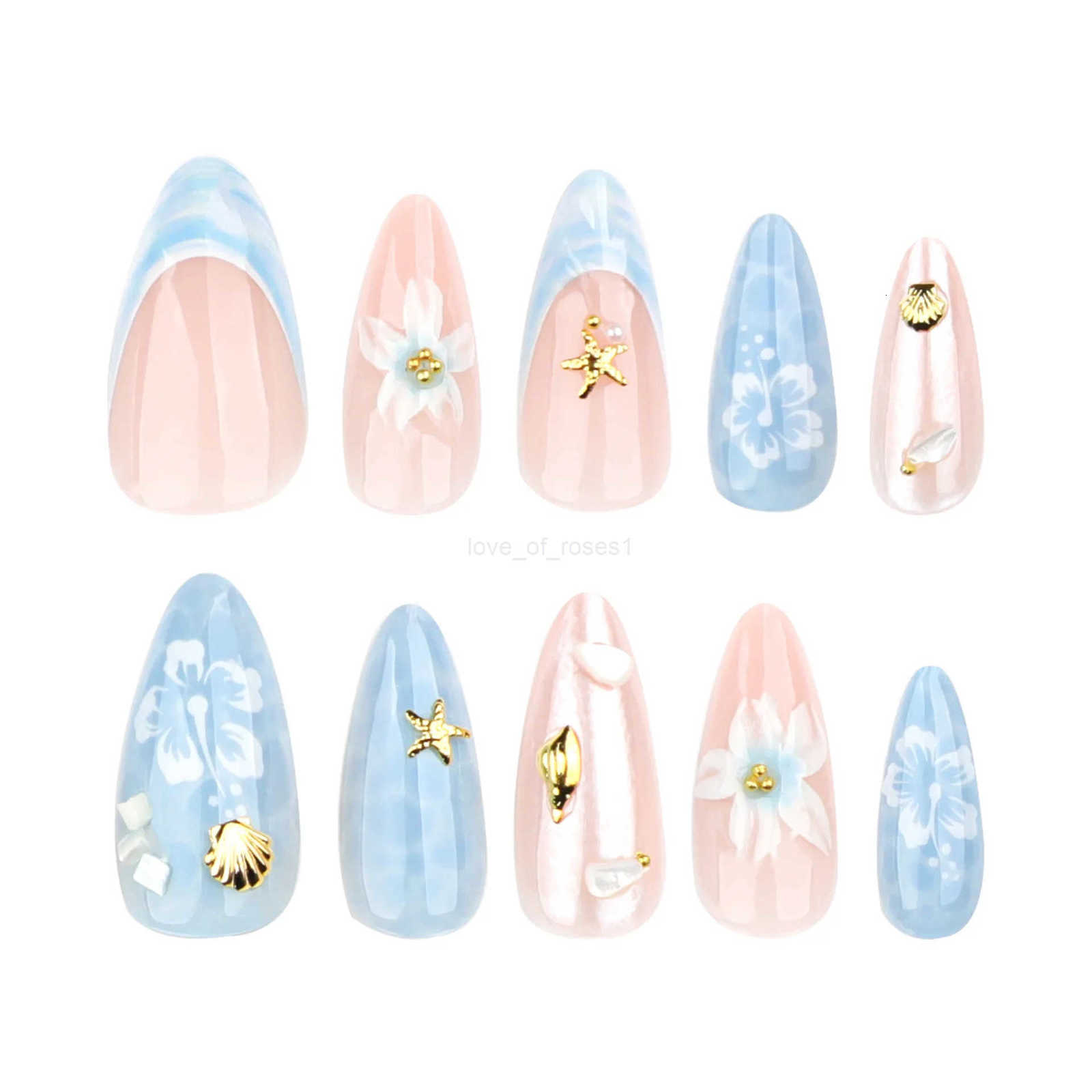 24pcs Light Blue False Nails Summer Beach Style Seashell Starfish Flower Pattern Press On Nails Smudging French Almond Fake Nail Z250807