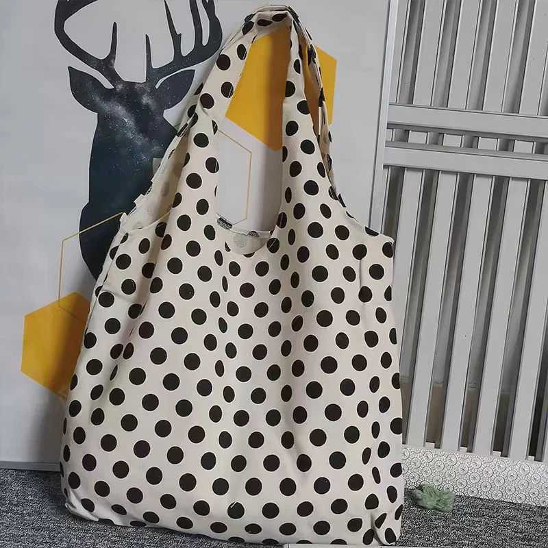 Effortless Chic Lady Polka Dot Handbag Large Capacity Beach Travel Canvas Tote Bag Lazy Aesthetic Artistic Casual Shoulder Bag Z250807