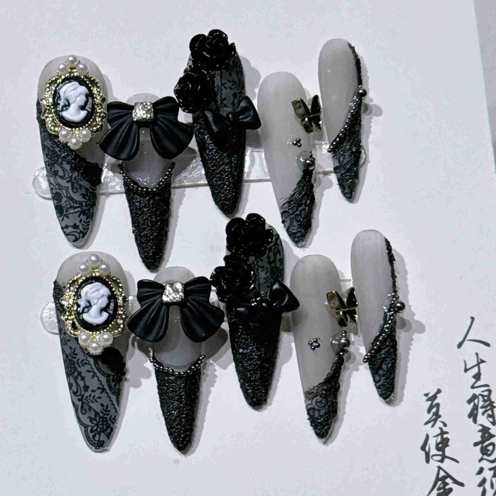 10pcs Stiletto Almond Press On Nails Dark Black Fake Nails With Butterfly Star Design Hot Girl Detachable Full Cover Nail Art Tip M250807