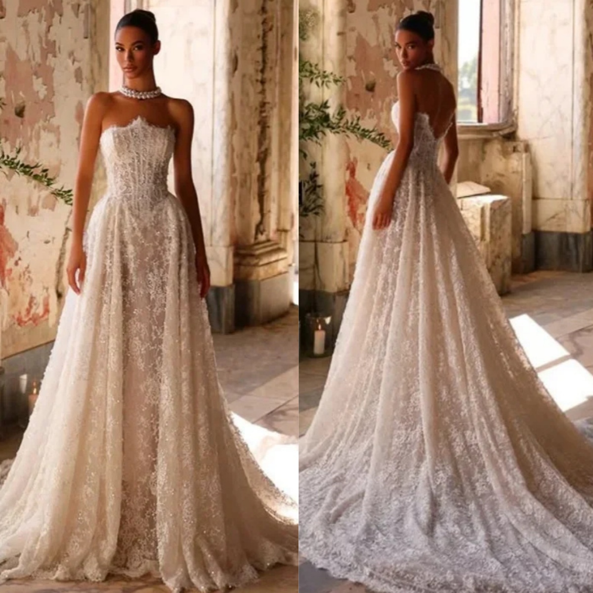 Simple Strapless A Line Wedding Mermaid Dresses Sexy Sleeveless Lace Bridal Gowns Customized Party Dress Vestido De Novia