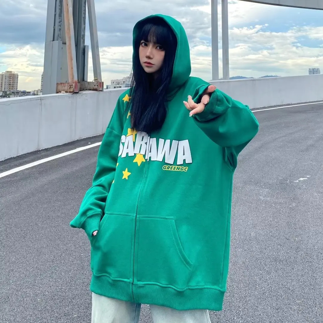 y2k Star Letter Print Hoodies Zipper stitching Autumn Loose Top Couple Fashion Retro Sports Trend Clothing Cardigan Jacket 250804