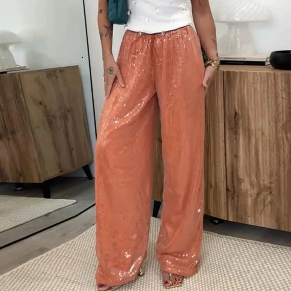Chic Sequined Long Pants For Women High Waist Drawstring Ankle-length Loose Trousers Spring Summer Female y2k Coquette Pants 250806