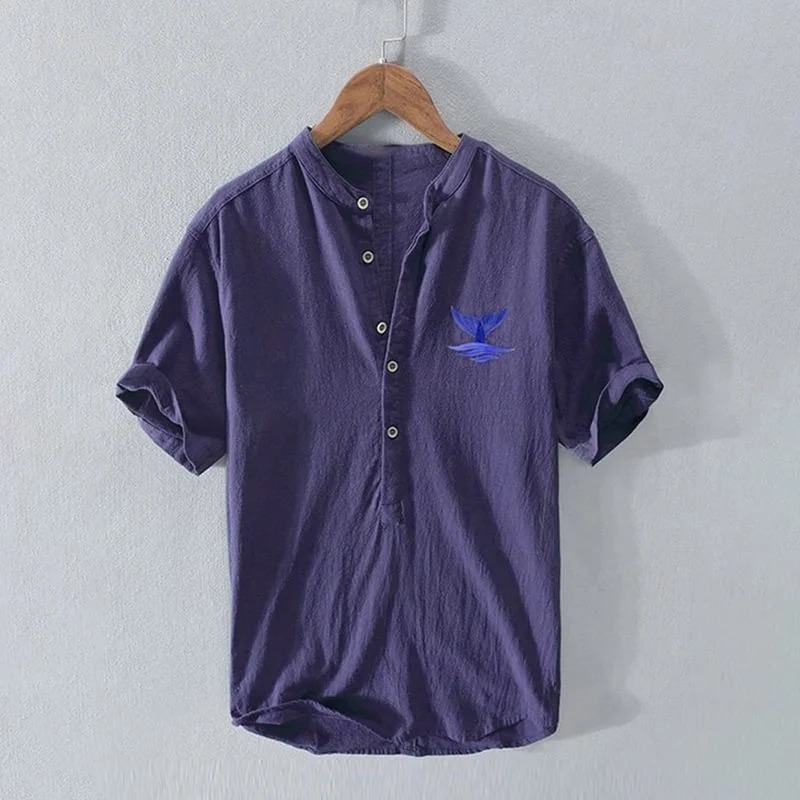 Mens Japanese Art Linen Blend Fashion Shirt Loose VNeck Button Short Sleeve Printed Top Camisas Acogedoras Ropa De Hombre 250807