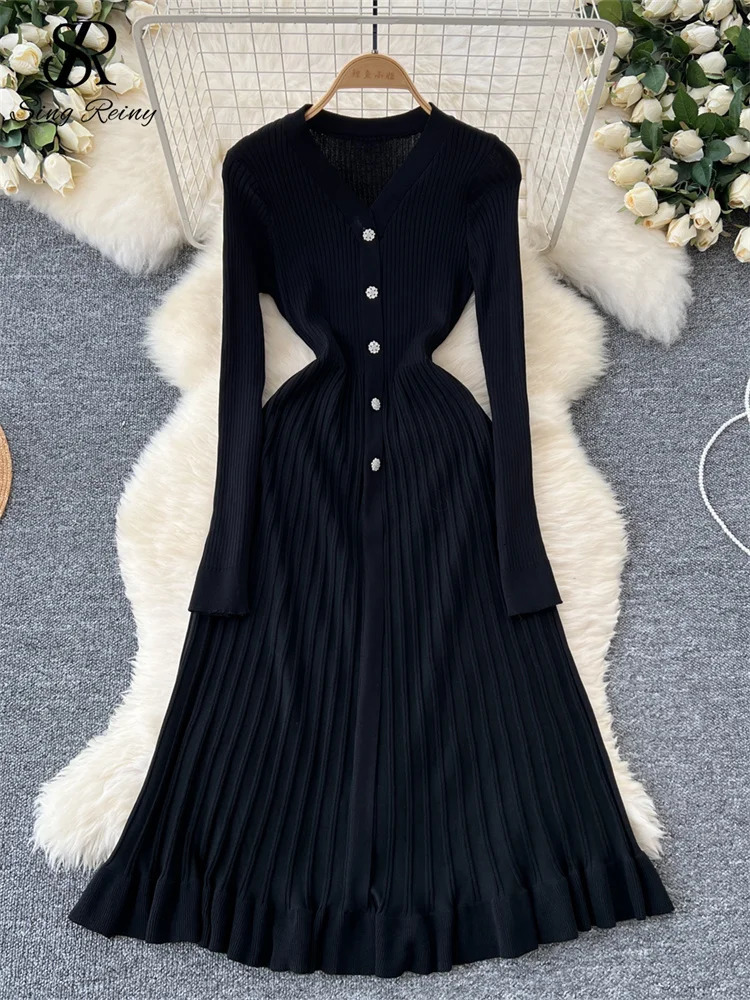 SINGREINY Autumn Knitting Sweater Dress Ladies V-Neck Single Breasted Full Sleeve Soft Slim Senior Knitted Casual Long Dress 250806