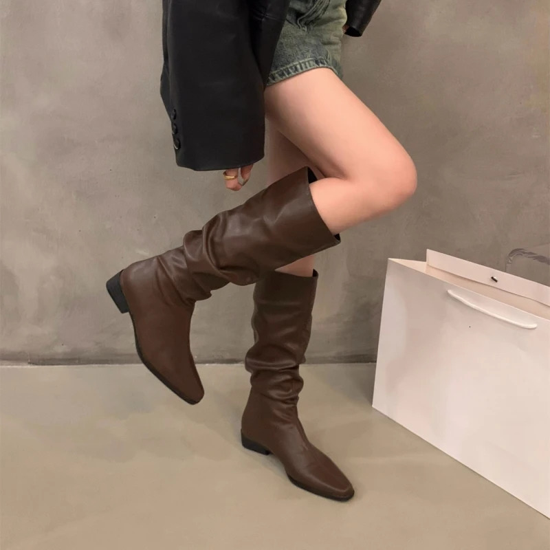 Spring and Autumn Thick Heel Fold Pile Long Knight Boots Pointed Low Heels Casual Elegant Temperament Sleeve Slim 250801