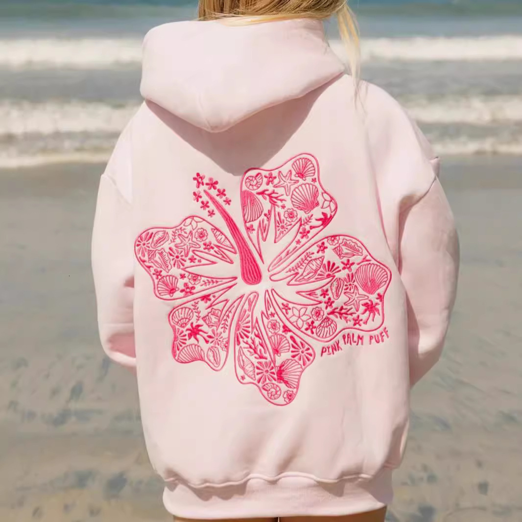 Free Shipping Designer Hoodie 2025 New Style Women's Off Shoulder Sleeves Casual And Comfortable Sportswear Hooded Sweatshirt With Hibiscus Print