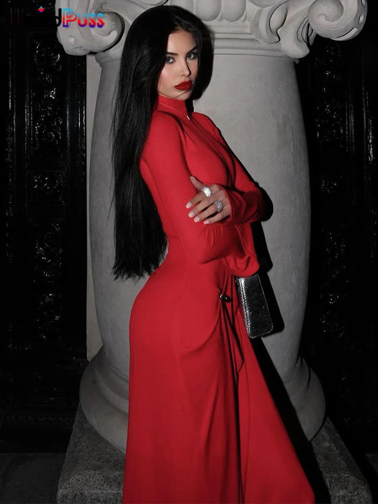 Weird Puss Rings Patchwork Dress Women Half High Collar Full Sleeve Loose Hem Prom Banquet Party Classic Bright Red Long Bodycon 250804