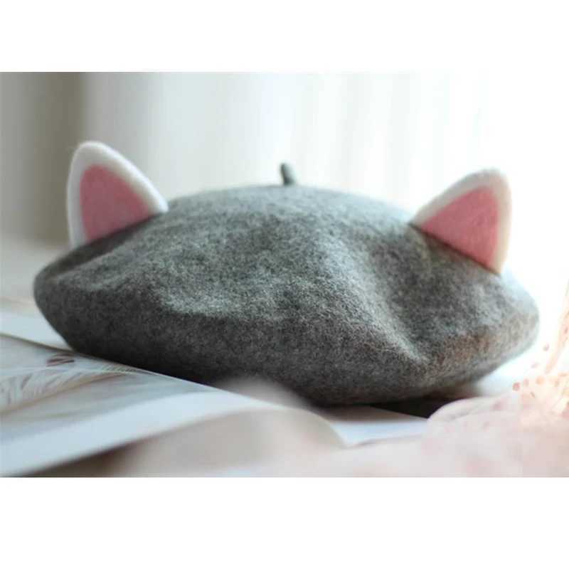 Women Painter Hat Handmade Wool Cat Ears Creativity Cute Autumn Winter Hat Costume Wool Felt Cartoon Funny Beret XJ250807
