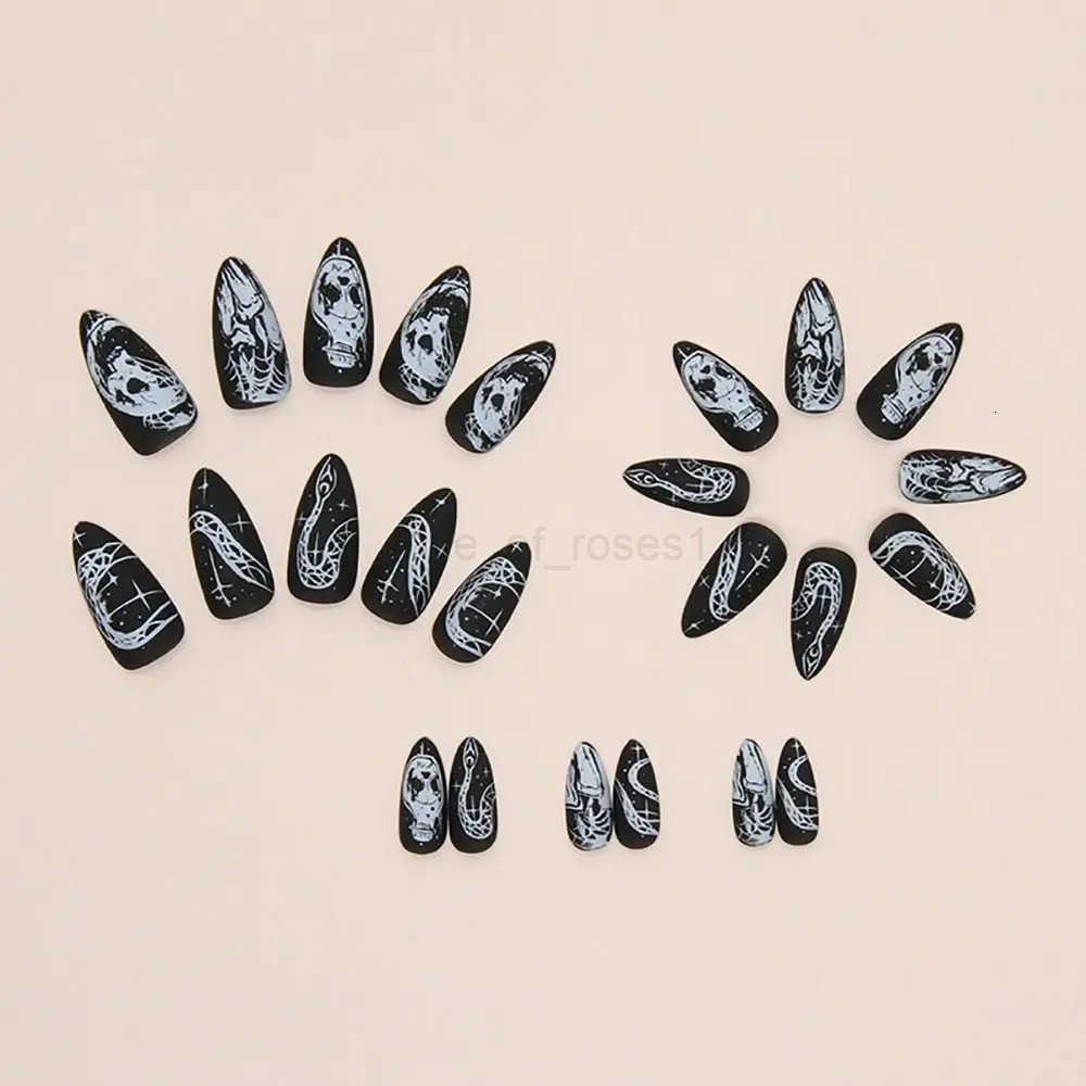 24pcs Full Cover Halloween Skull Fake Nails Detachable Wearable Press on Nails Long Length Frosted False Nails for Women and Girls Z250807