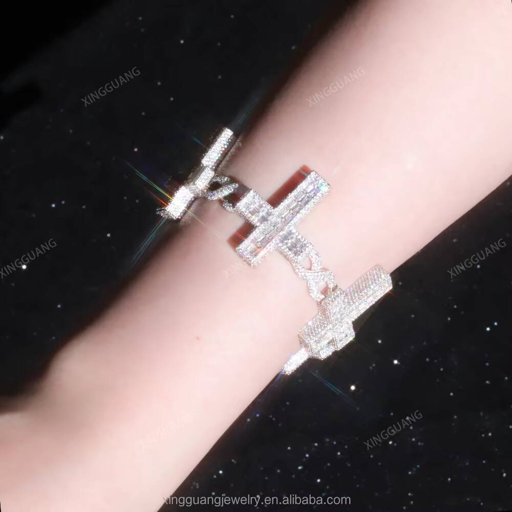 Fashion Cross Design S925 Silver Moissanite Bracelet Hip Hop Jewelry VVS Baguette Moissanite Diamond Cross Cuban Bracelet