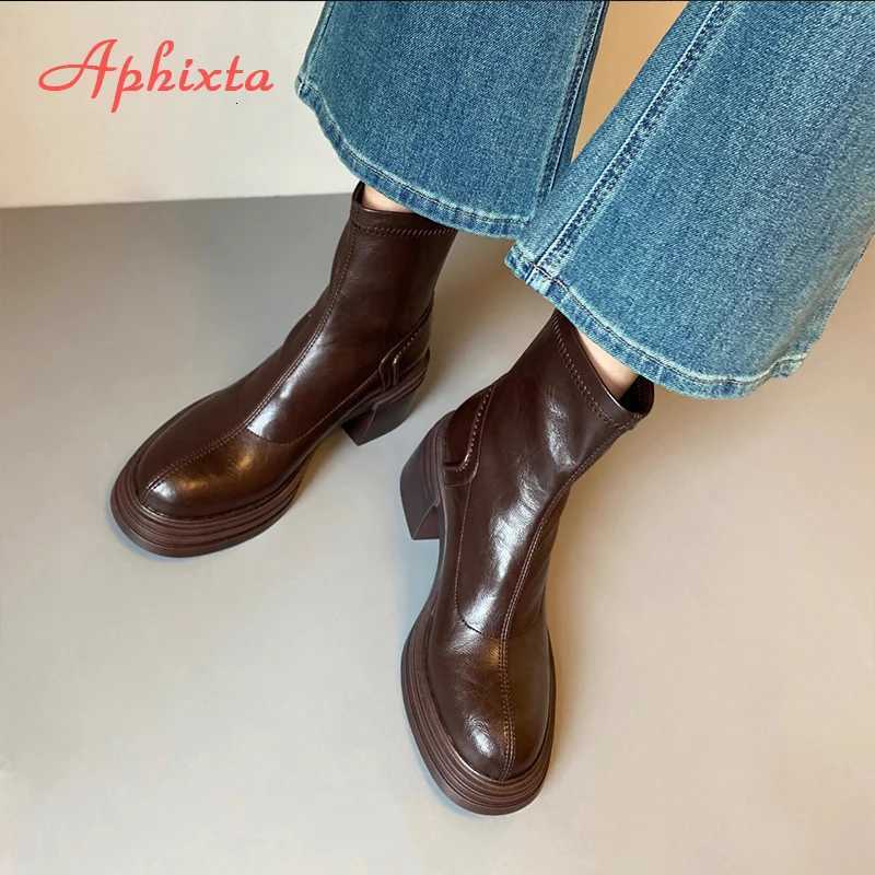 Aphixta Chelsea Shoes Classic Woman Ankle Boots Square Heel Platform Boot Patent Leather Winter Black Ankle Boots XJ250807