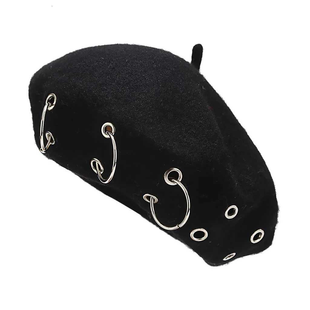 Fashion Winter Berets for Women Girl Punk Rock Style Iron Rings Beret Cs Retro Wool Hats Black Woolen Painter Cs XJ250807