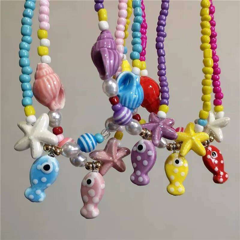 Bohemian Colorful Blue Pink Ceramic Fish Pendant Striped Beaded Summer Necklace For Women Seaside Vacation Party EMO Accessories