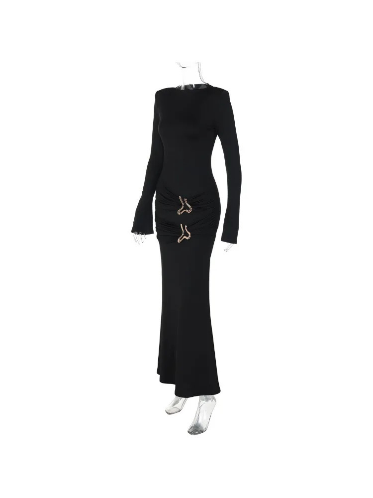 Solid Black with Button Folds Long Sleeved Bodycon Maxi Dress Women Skinny Dress Elegant Club Party Vestidos 250728