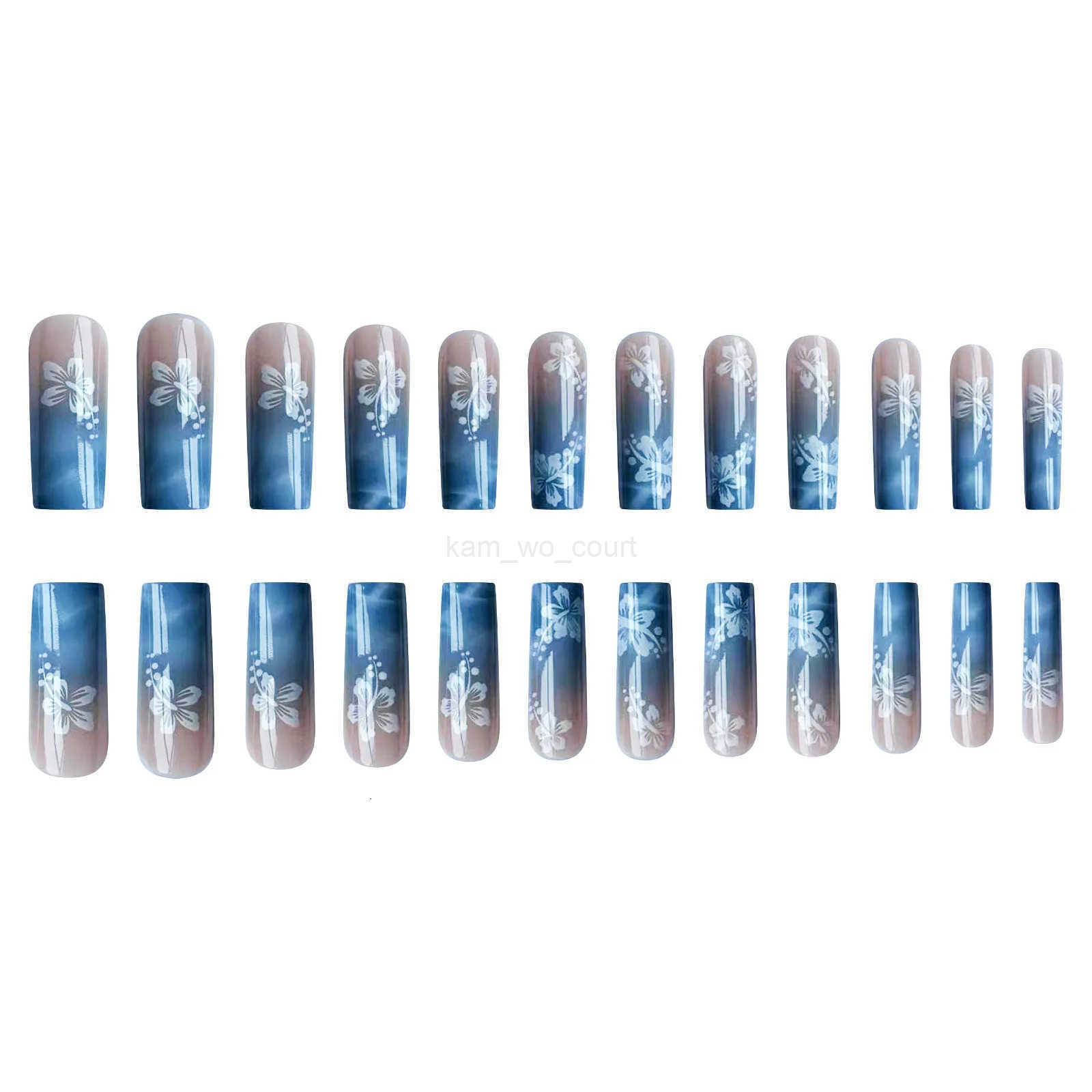 24pcs Y2K Summer Sea Blue Gradient Fake Nails with Water Ripples Designs Long Square Coffin False Nails Set Press On Nail Tips M250807