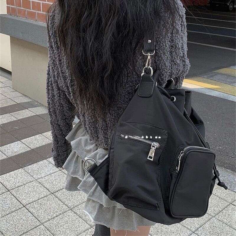 2025 Spring And Summer New Nylon Cloth Waterproof Korean Sweet Cool Multi-pocket Zipper Drawstring Single Shoulder Double Crossbody Bag Fashionable