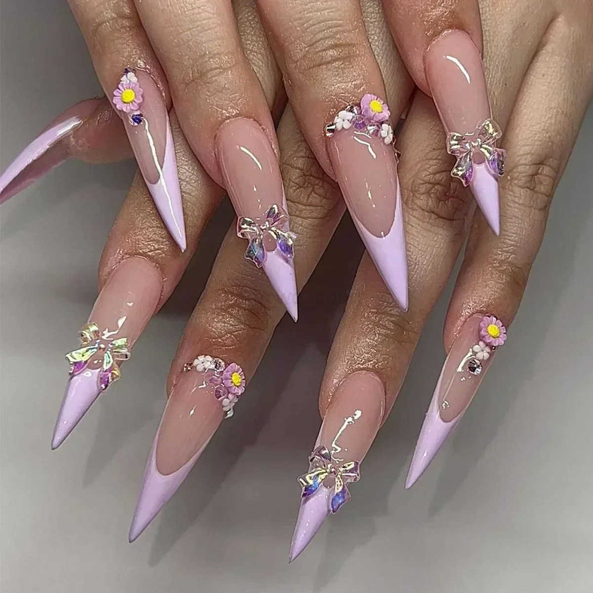 24Pcs French False Nails With Purple Edge Almond Bow Flower Design Detachable Acrylic Fake Nails Long Stiletto Press On Nails M250807