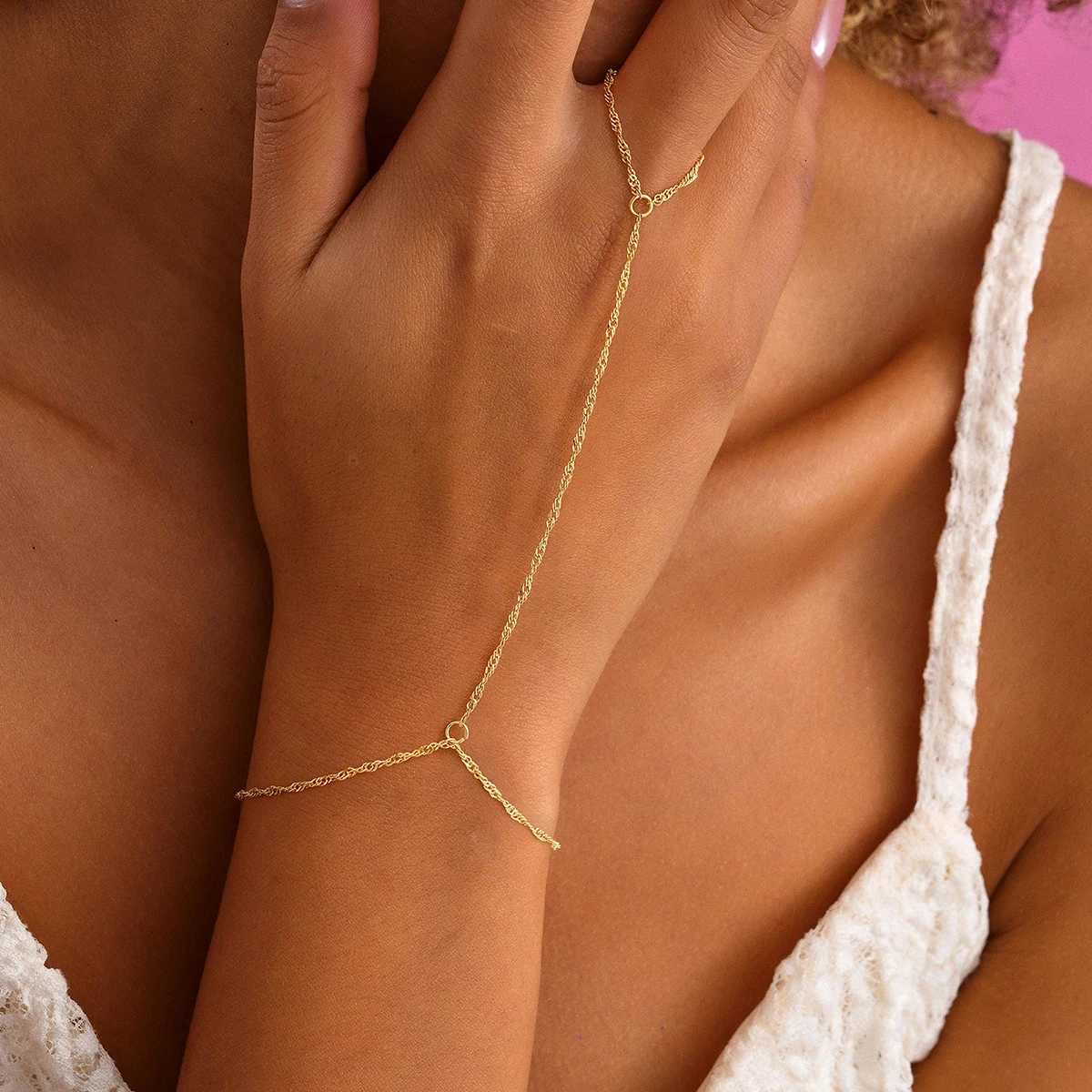 Womens Minimalist Finger - Wrist Chain Gold Color Chain Link Hand Bracelet Perfect for Summer Vacations W250807