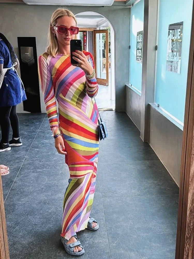 Sexy Perspective Printed Long Dresses Women Retro O-neck Full Sleeve Holiday Dress Female Summer Fashion Street Party Beach 250728