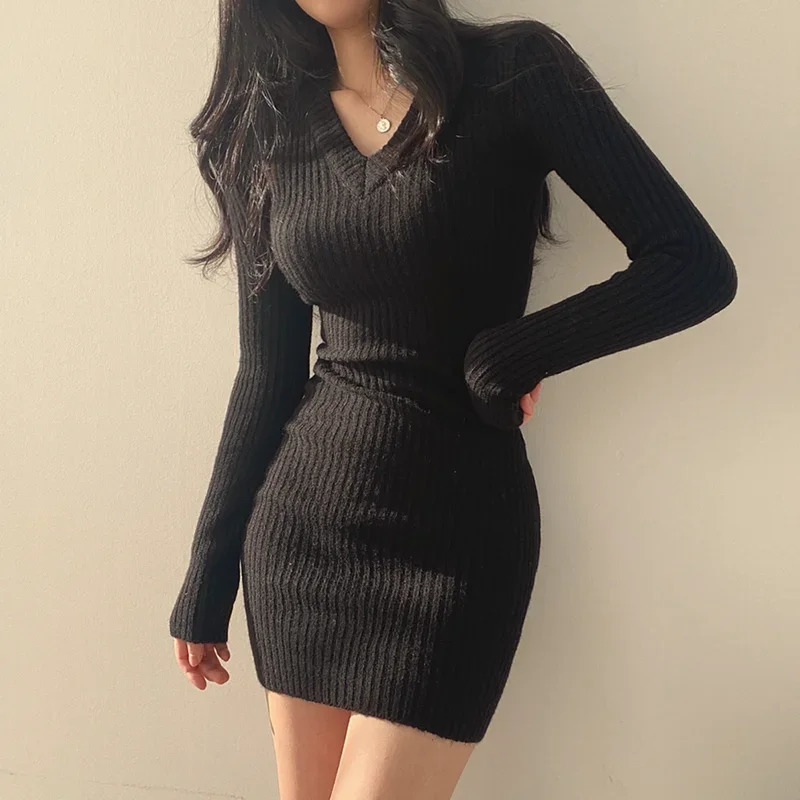 Chic V Neck Gray Knit Sweater Dress Women Korean Casual Elegant Long Sleeve Slim Solid Dress Female Fall Winter Midi Dress 250806