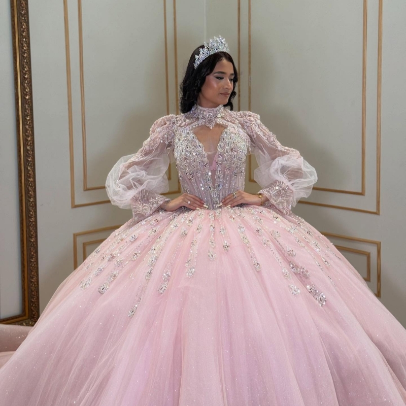 Pink Shiny Quinceanera Dresses Off The Shoulder Beading Crystal Tull Puff Sleeve Ball Gown Vestidos De 15 Anos Sweet 16 Dress