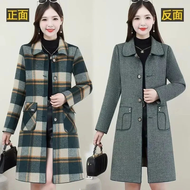 Long Women Double Sided Cashmere Woolen Coat Autumn Winter Middle Aged Mother Both Sides Wear Plaid Wool Jacket Windbreaker 5XL 250805