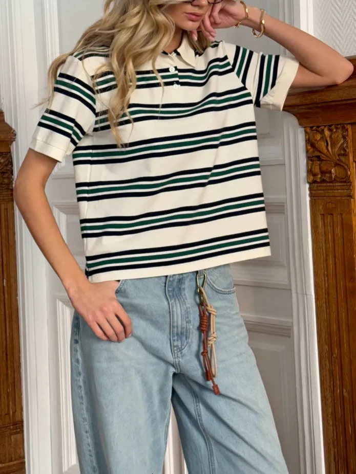 Hirsionsan Polo Neck T Shirt Women Soft Chic Tees 95 Cotton Jumper Clothes Loose Casual Pullover 2025 Summer Crop Tops 250729