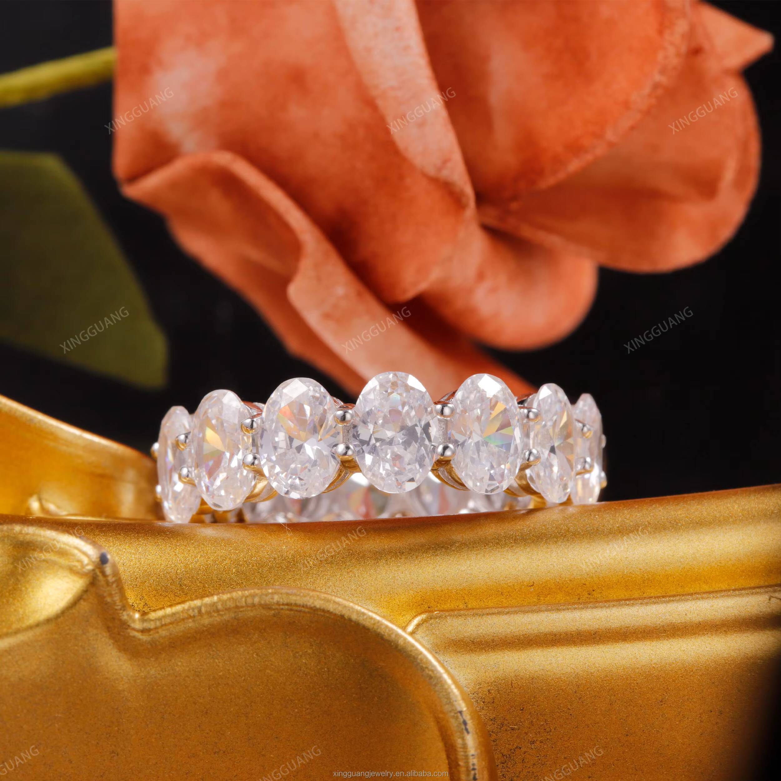 XingGuang New Arrival 4*6mm 0.5CT Oval Cut Moissanite 14K Soild White Gold Wedding Rings Eternity Band Jewelry