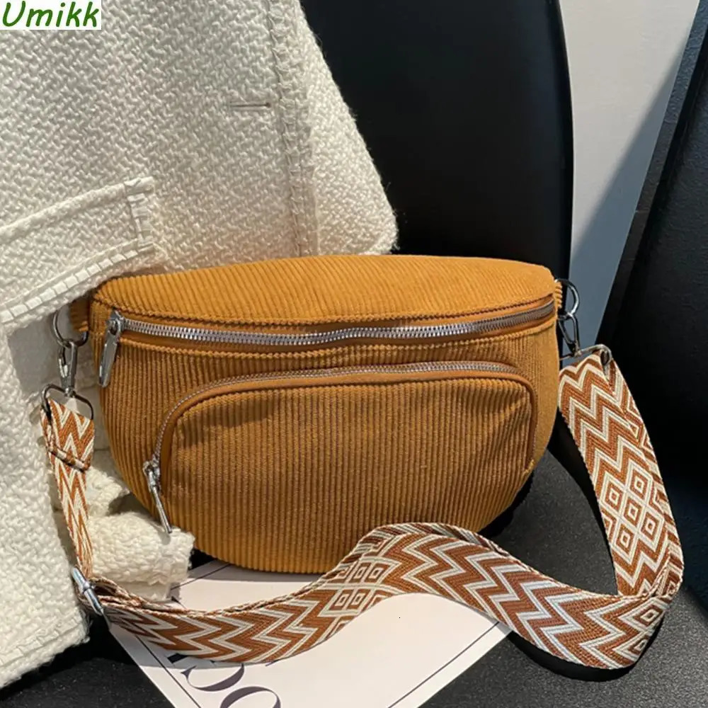 Corduroy Women Waist Packs with Zipper Vintage Solid Shoulder Crossbody Bag Casual Fanny Pack Multi-pockets Banana Bag Chest Bag 250805
