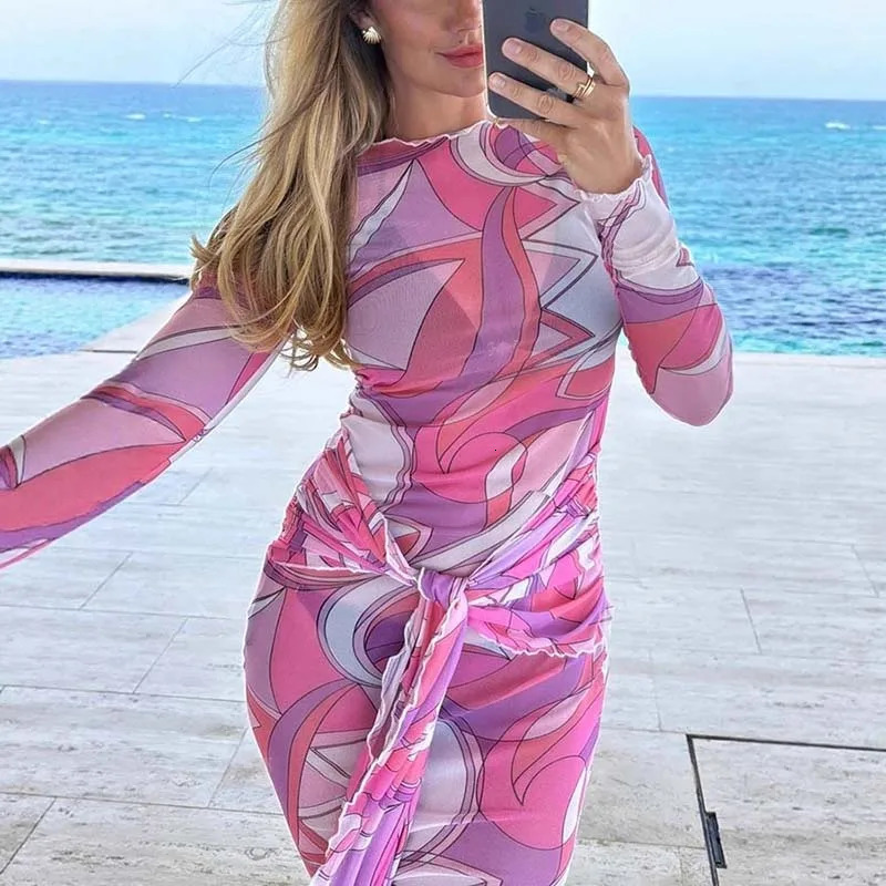 Sexy Women Thin Mesh Bodycon Dresses Spring Summer Beach Cover Up Dress Fashion Oneck Long Sleeved High Waist Vacation 250807