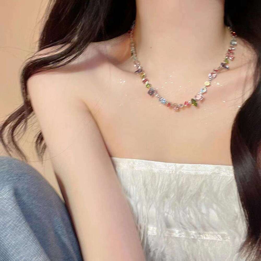Sweetheart Candy Colorful Crystal Zircon Necklace Color-Block Inlaid Dia Rainbow Choker High-End Clavicle Chain
