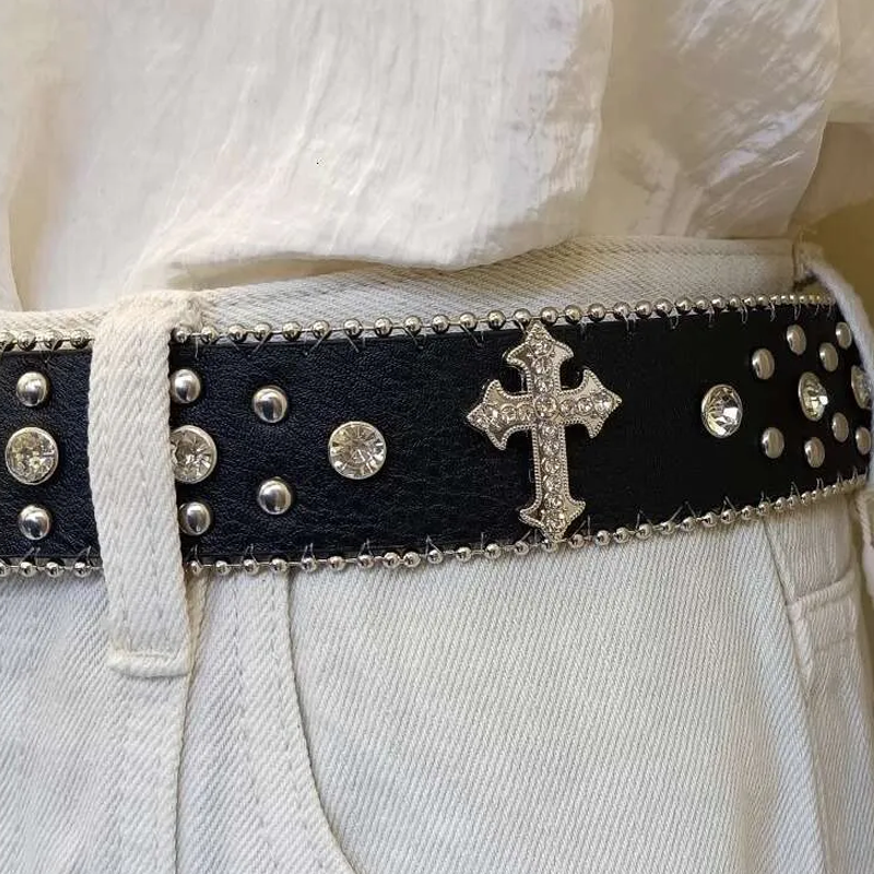 Wide Waistband Jeans Belt Rhinestone Inlaid Decoration Fashion Versatile Cross Ultra-fiber Faux Leather Unisex