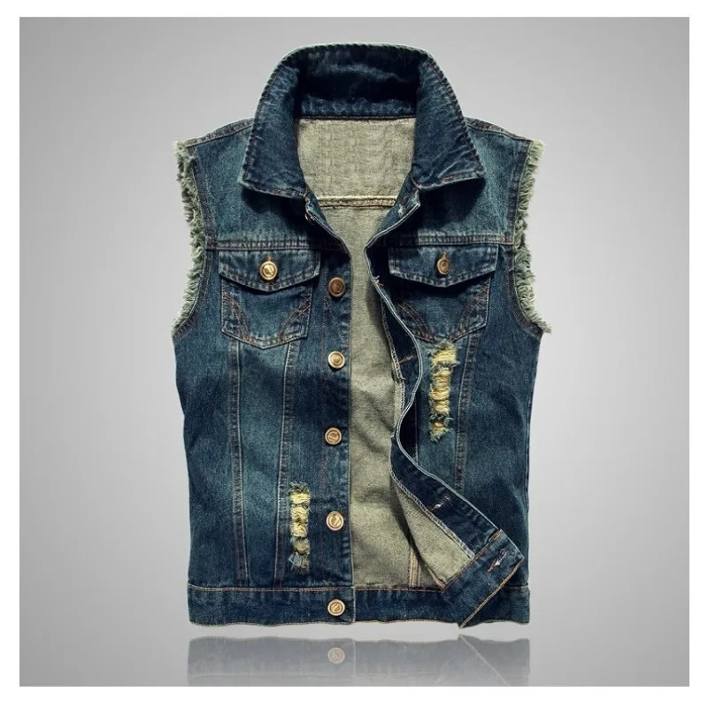 Denim Vest for Men Korean Style Slim Light Blue Horse Clip Vest Ripped Denim Vest Top Mens Fashion 250804