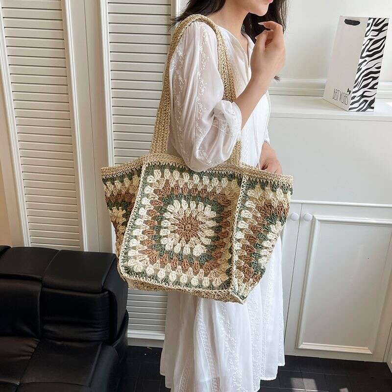 Handmade Crocheted Straw Woven Tote Large Capacity Shoulder Bag Cute Temperament Girl
