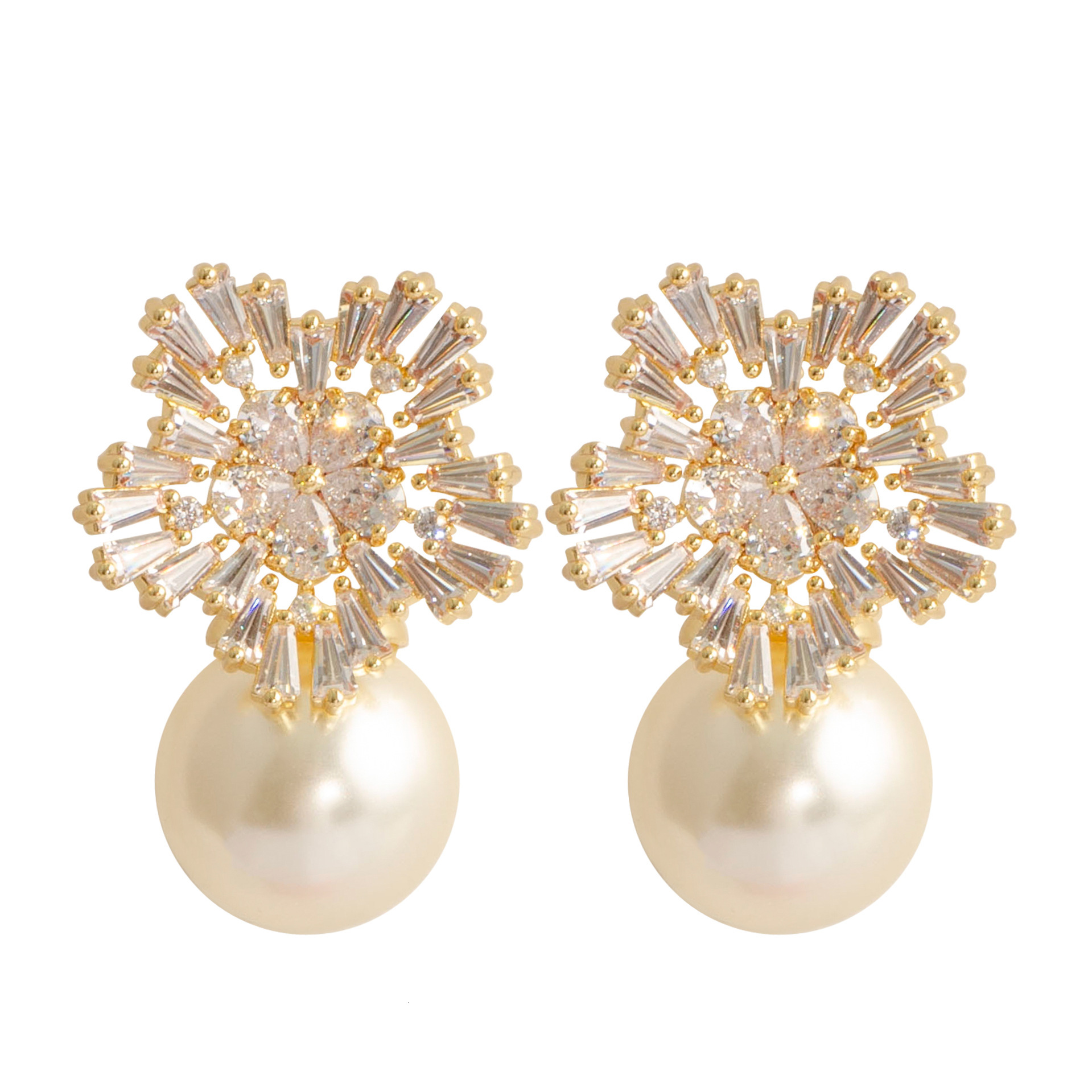 French Style Light Exquisite Inlaid Crystal Zircon Snowflake Pearl Earrings for Women Elegant Simple High-end Sier Needle Ear Jewelry