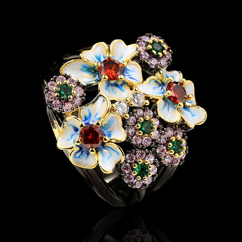 Black & Gold Tone Enamel Flower Cluster Ring With Multi-Color Gemstone Accents Bohemian And Vintage Outfit Accessory Gift For Her Exquisite And Colorf