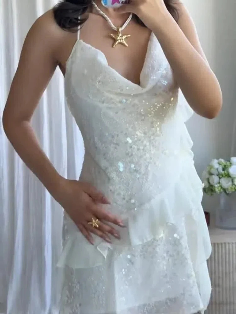 Sexy Sequin Ruffle Mini Sling Dresses Women Retro Sleeveless Glitter Low Cut Slim Short Dress Lady 2025 Summer Chic Street Party 250804