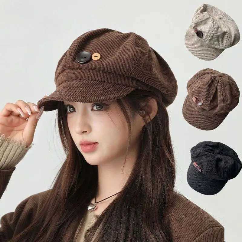 Vintage Corduroy Beret Hat For Women Korean Button Octagonal C Autumn Winter Painter Artist Hats Brown Peaked Cs XJ250807