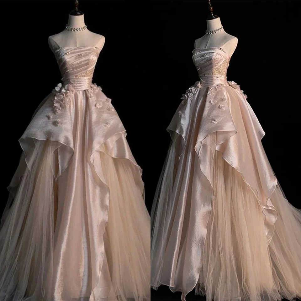 Customized Evening Dress Strapless Sleeveless A-Line Satin And Tulle 3D Flower Party Dresses Formal Prom Dresses