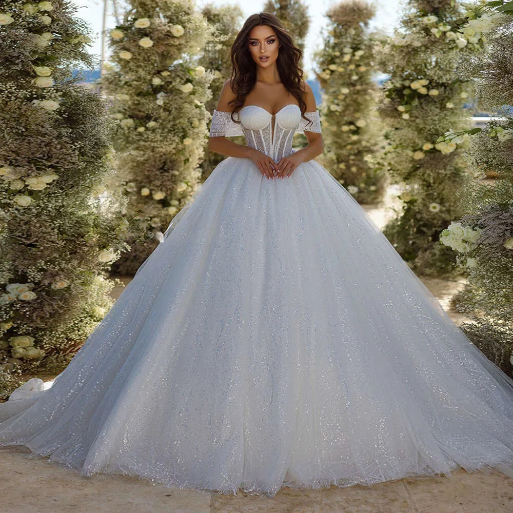 Shining Wedding Dresses Illusion Bodice Elegant Vestidos De Novia Detachable Sleeves Robe Mariage Bridal Gowns