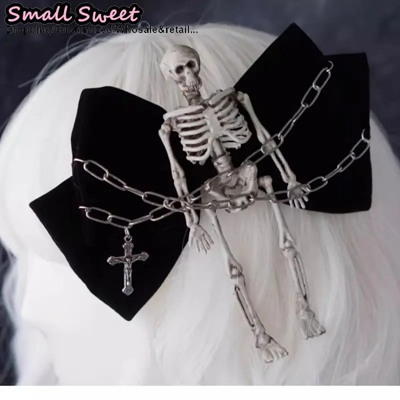 Subculture Halloween Women Gothic Lolita Punk Y2K Girl Harajuku Organza bow Skull chain Hair Accessories Hair Clips Hairpin clip 250730