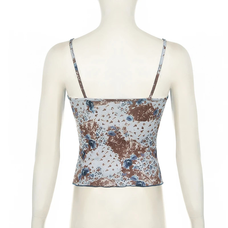 SUCHCUTE Y2k Vintage Lace Patchwork Floral Printing Tank Tops Slim Camisole Fairycore Beach Sexy Camis Summer Clothes 250807