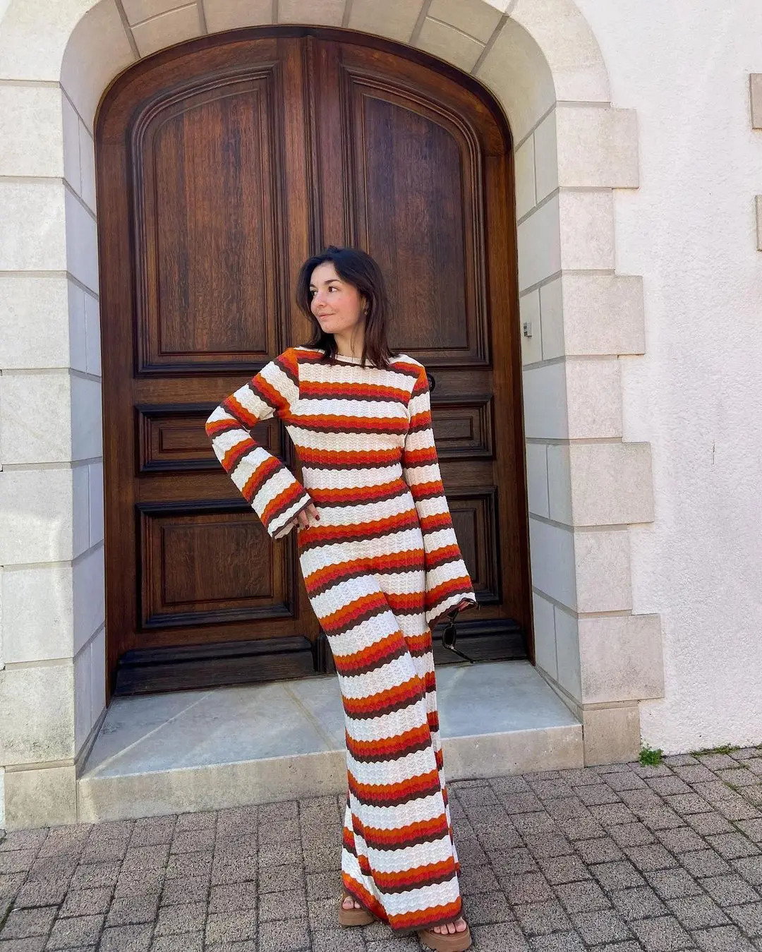 Elegant Fashion Striped Maxi Dress Sexy Long Sleeve Holidays Party Dress Summer Hollow Out Knitted Beach Dress for Women 250806