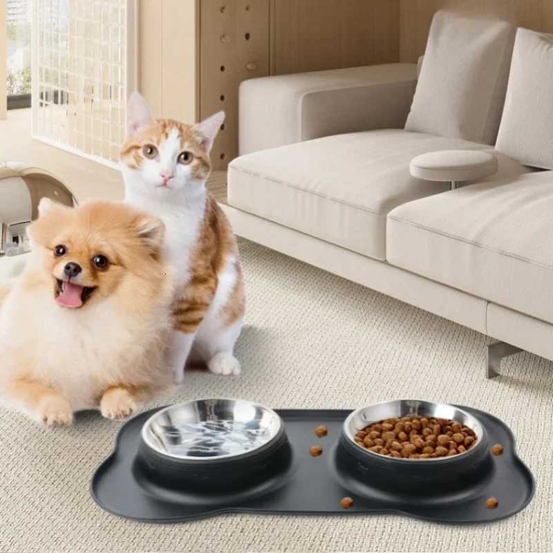Antislip Double Dog Bowl With Silicone Mat Durable Stainless Steel Water Food Feeder Pet Feeding Drinking Bowls for Dogs Cats Y250806
