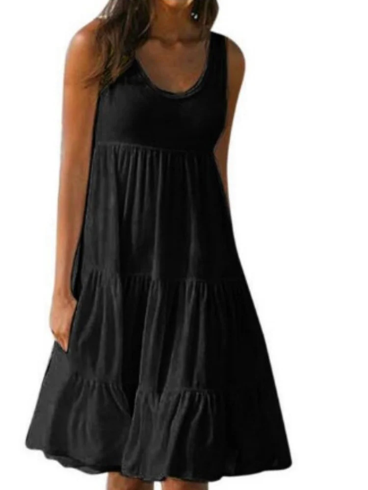 Fashion Summer Beach Sleeveles Dress Oneck Casual Elegant Loose Solid Color Dresses 250807